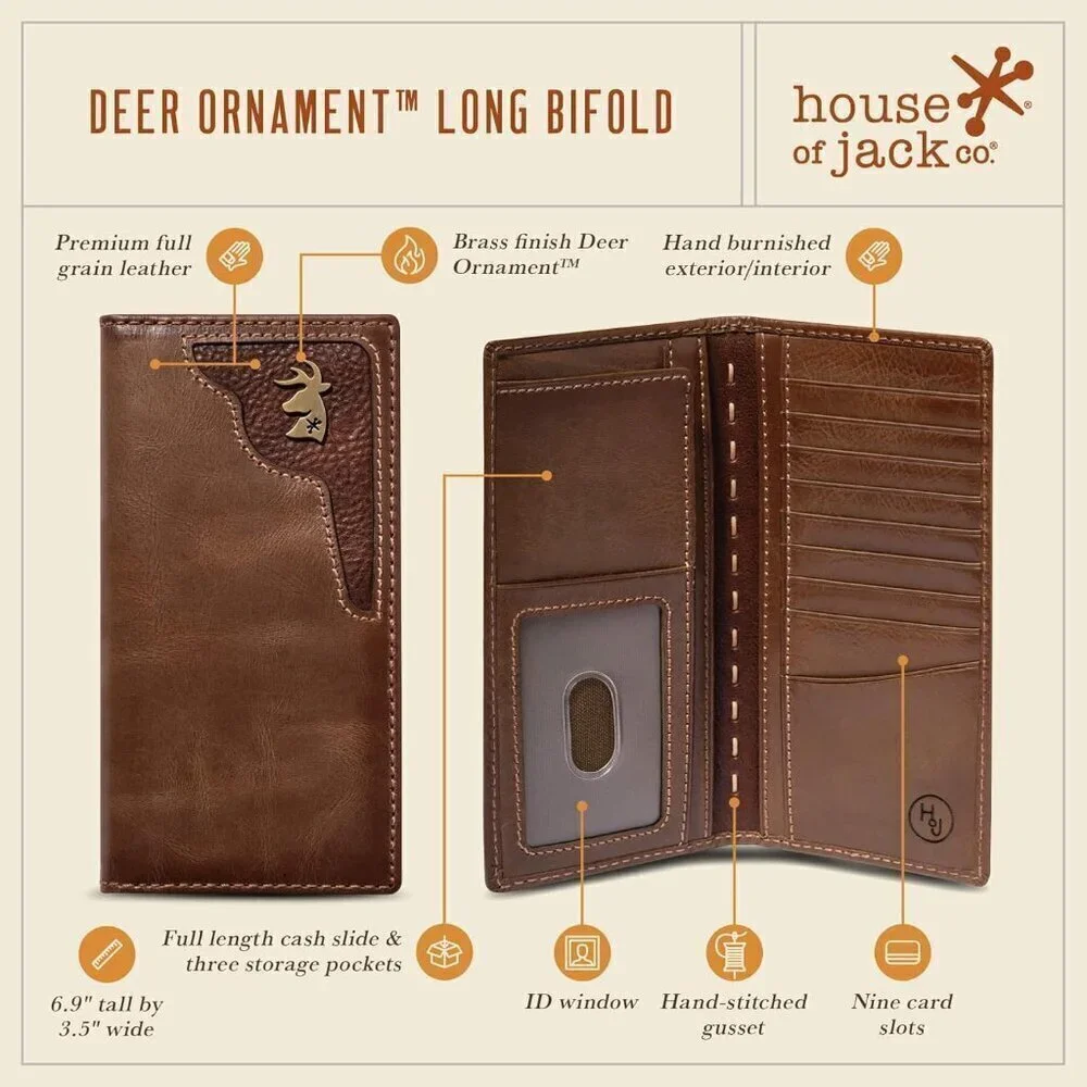🆕Men Brown Co Deer Ornament Long Bifold Wallet Grain Leather Hunter Long Wallet